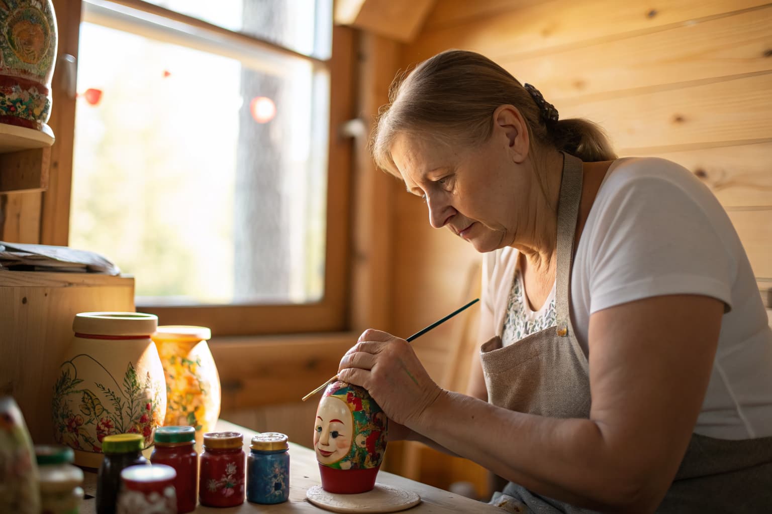 Artist's hands meticulously painting a nesting doll with a fine brush