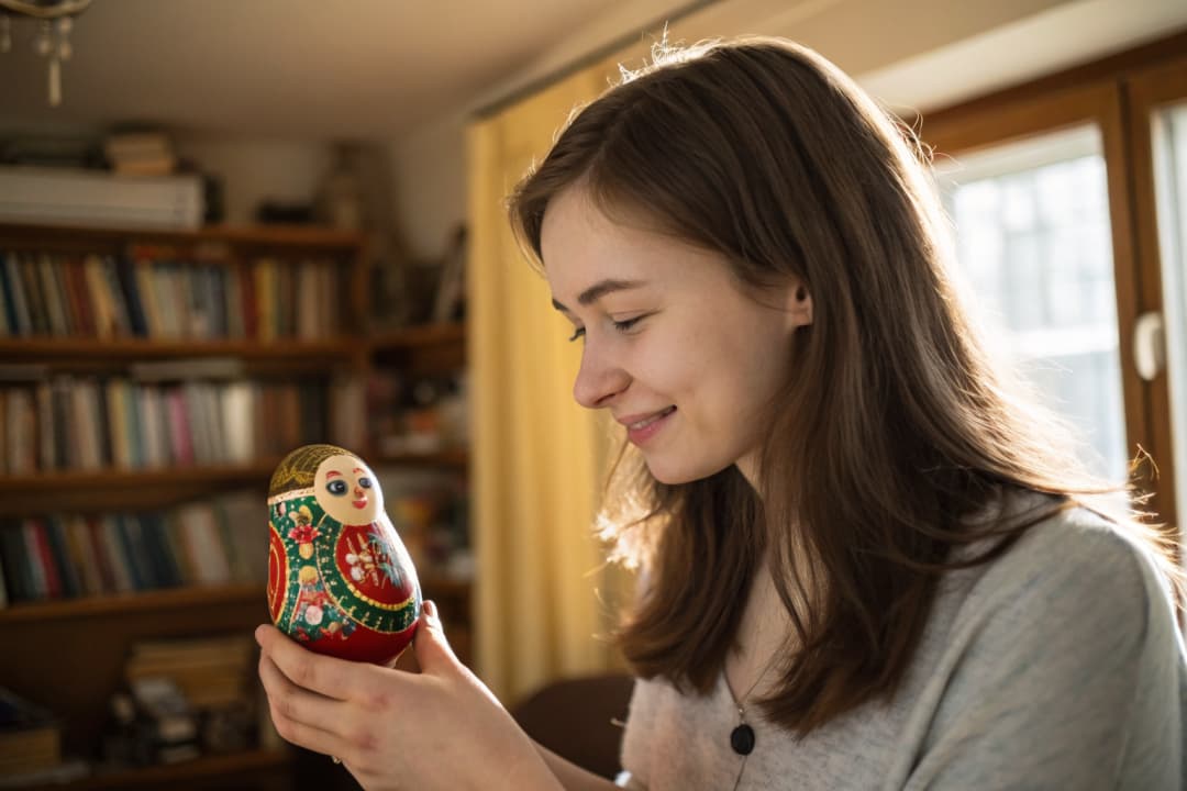 Artisan carefully examining a hand-painted nesting doll