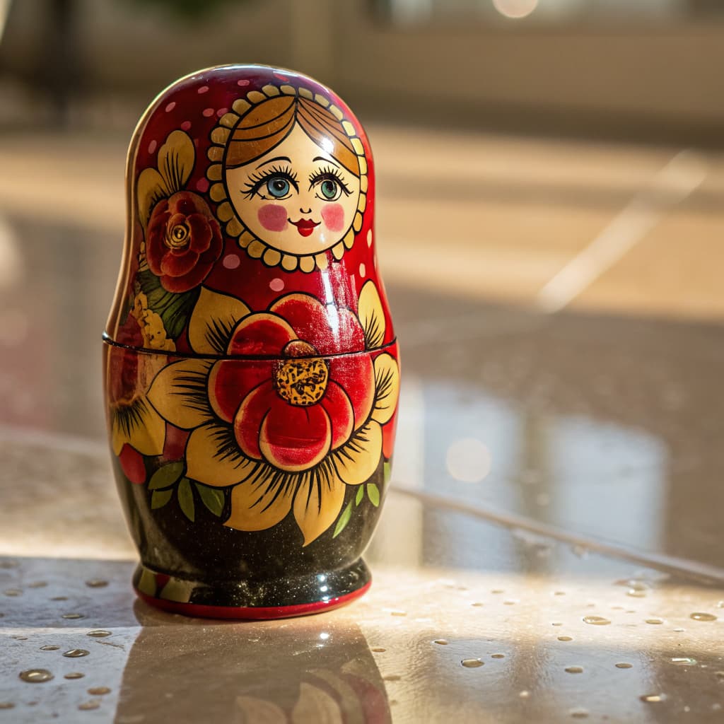 Matryoshka doll with polished lacquer finish showing glossy reflections