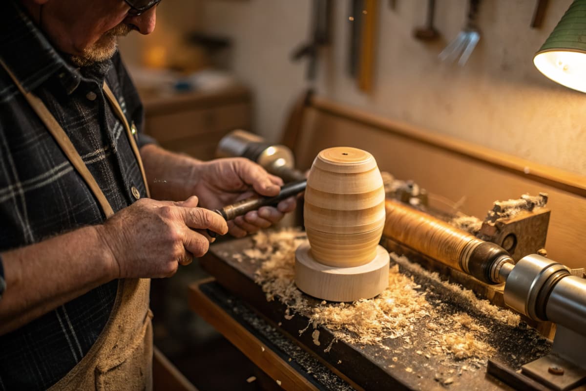 Artisan hands carving a nesting doll from linden wood