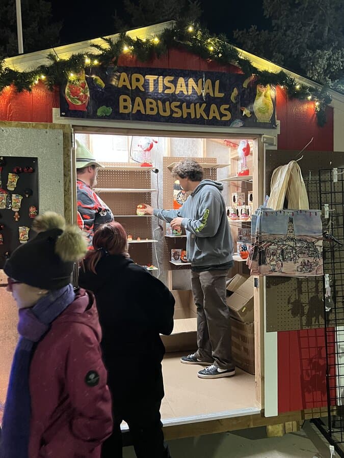 Artisanal Babushkas booth at Christkindlmarkt SLC in the evening