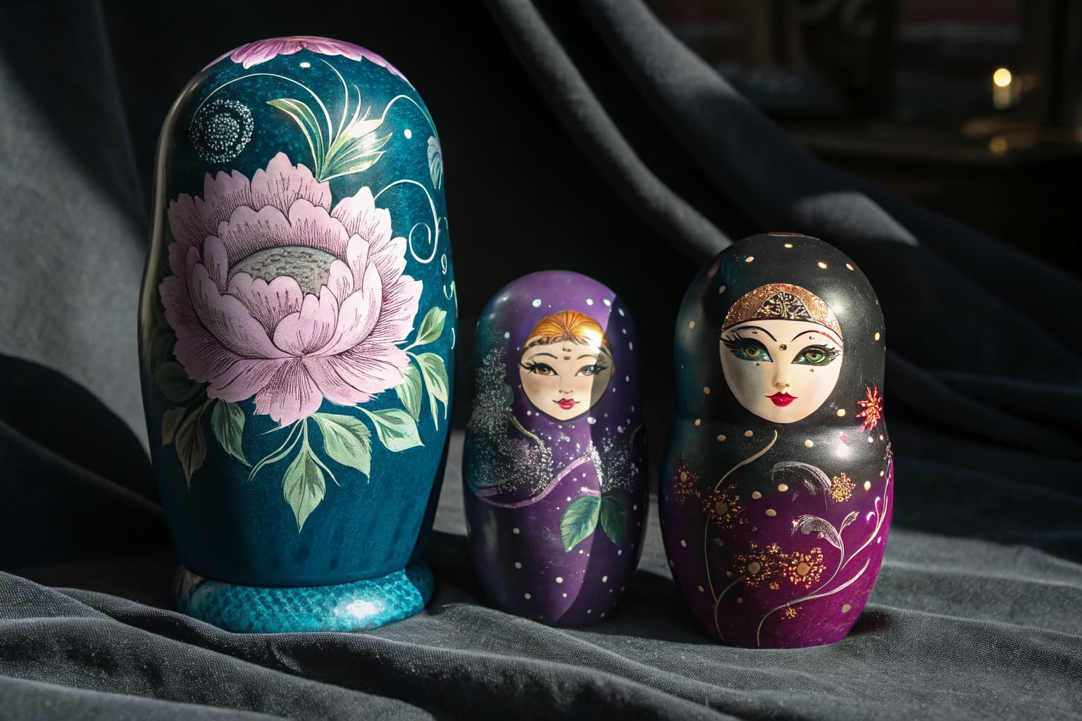 Three contemporary artisan nesting dolls with peony, aurora, and carnival designs