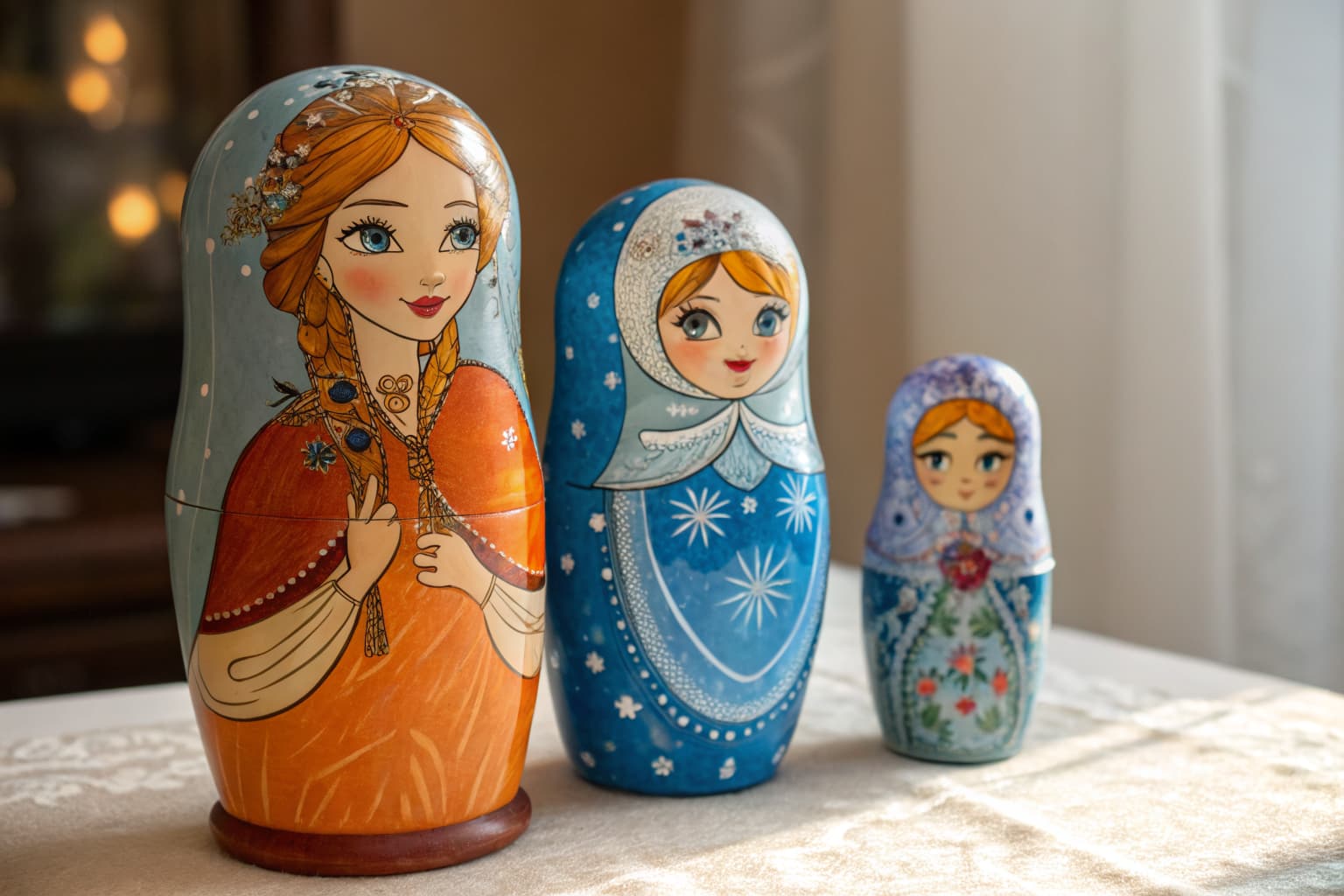 Three folklore nesting dolls depicting Firebird, Snow Maiden, and Vasilisa