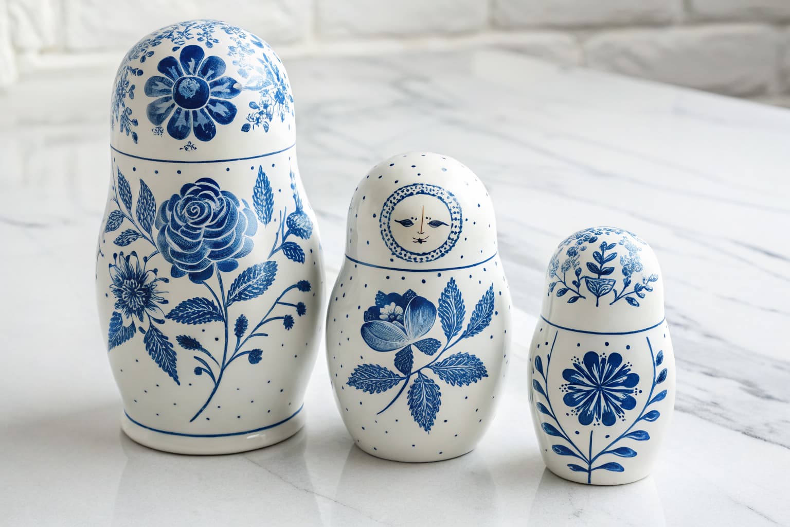 Three Gzhel nesting dolls with cobalt blue dahlia, frost, and rose patterns