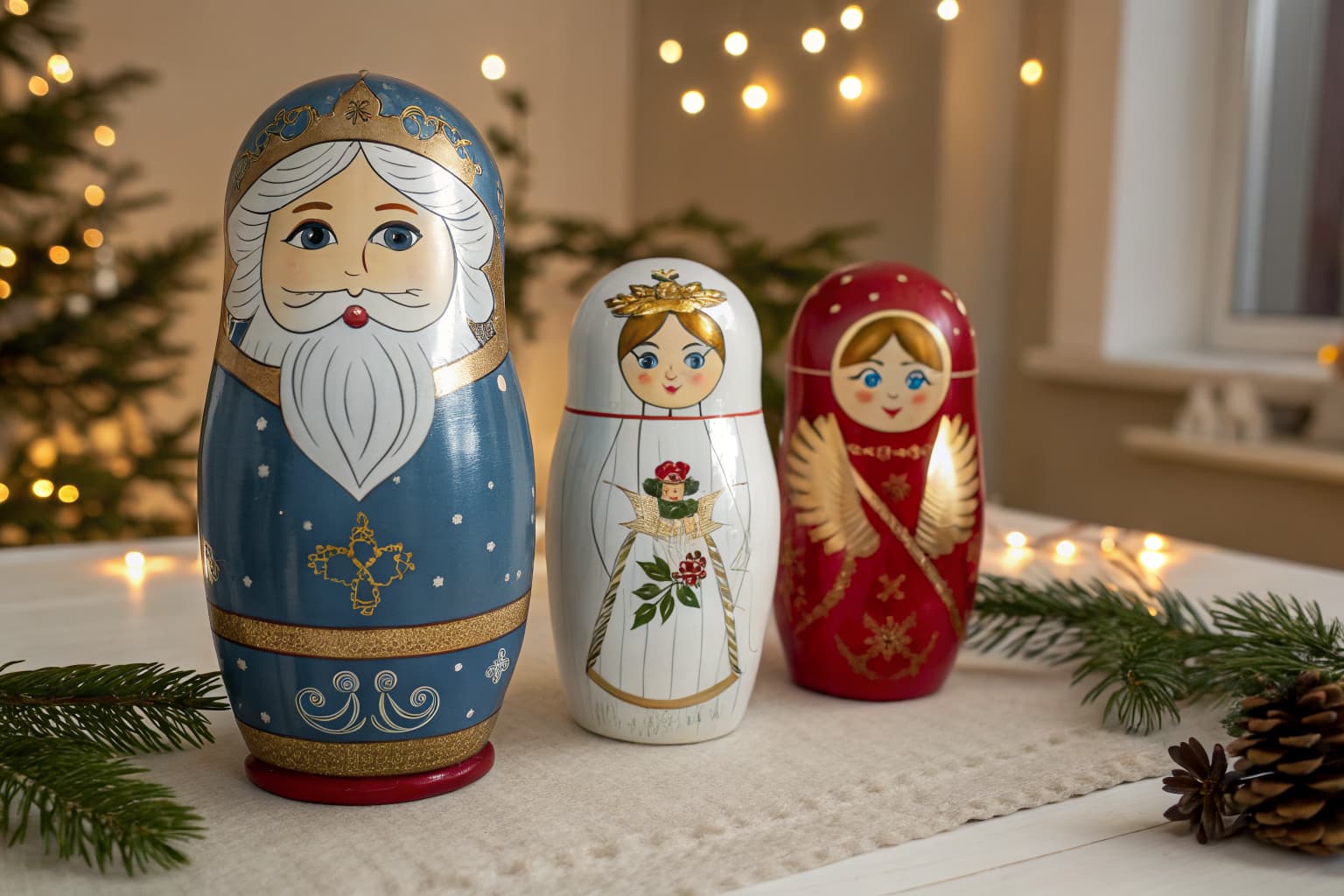 Three holiday nesting dolls featuring Father Frost, Nutcracker, and Angel