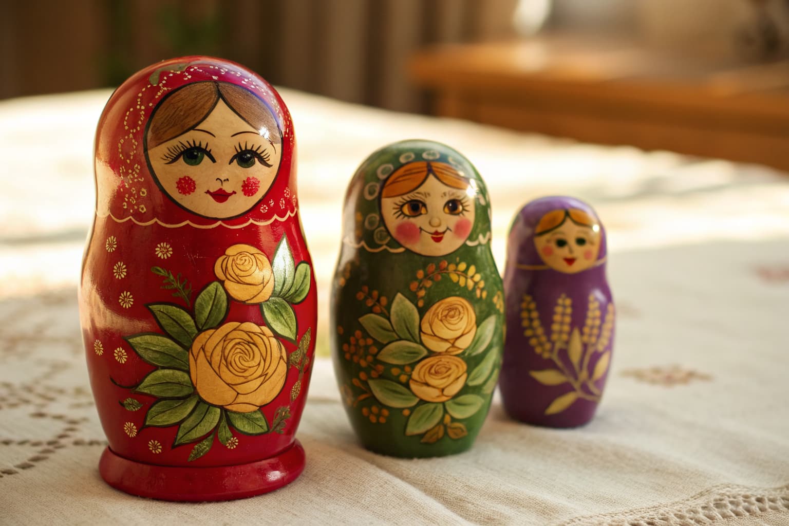 Three classic matryoshka nesting dolls in crimson, green, and purple
