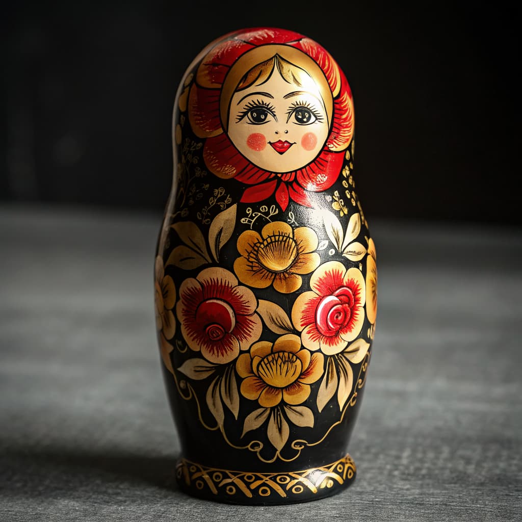 Khokhloma nesting doll with golden floral lacquerware design